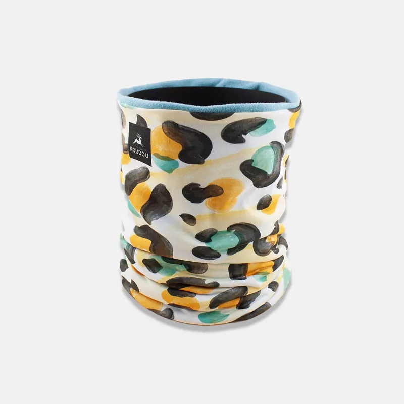 Tour de cou technique grand froid léopard orange turquoise et noir