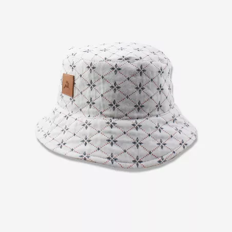 Bob en tissu blanc avec fleurs bleues et lignes rouges fabriqué en France